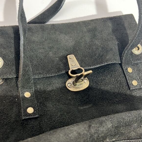 Franchi Black Suede Buckle Front Square Flap Double Handle Shoulder Bag - Picture 5 of 7